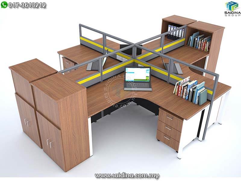 Workstation Cluster of 4 c/w L shape table, Half Glass Partition, 3D Mobile Pedestal, Book shelf & Low Swing Door Cabinet | Model SGWS-iL410